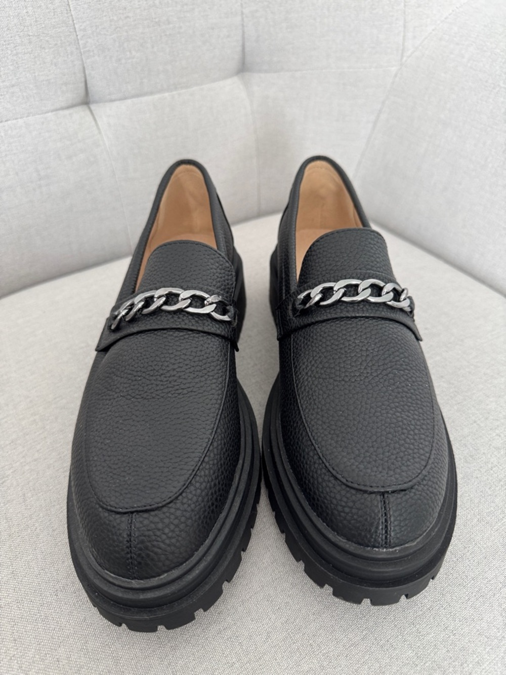 French Connection Black Vegan Leather Chain Loafers